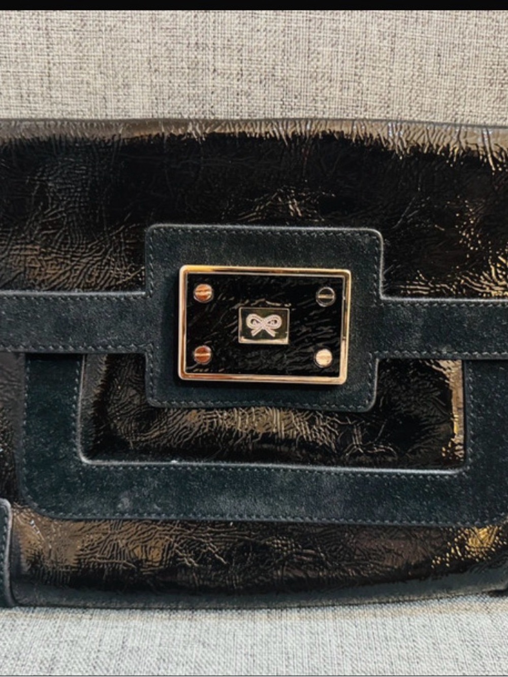 Anya Hindmarch Black Patent & Suede Accent Clutch with Gold Hardware